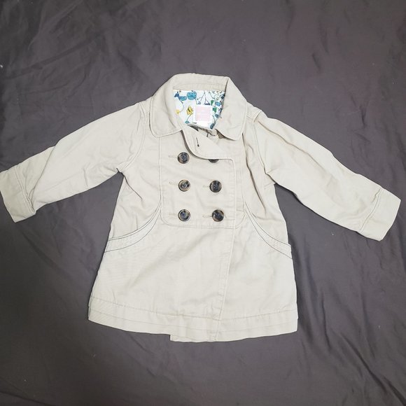 Pea Coat Khaki Jacket Floral Liner Neck Button Up Pockets 18-24 Month Old Navy - Picture 1 of 5